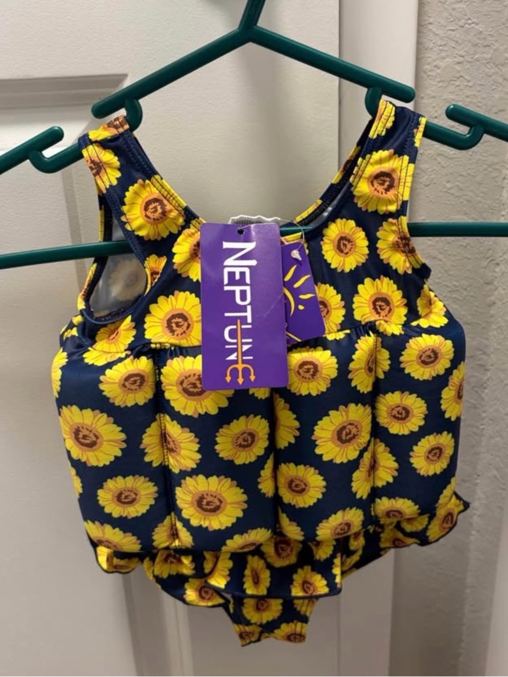 Neptune Built-In Float Sunflower Print Girls One-Piece Swimsuit - Navy & Yellow
